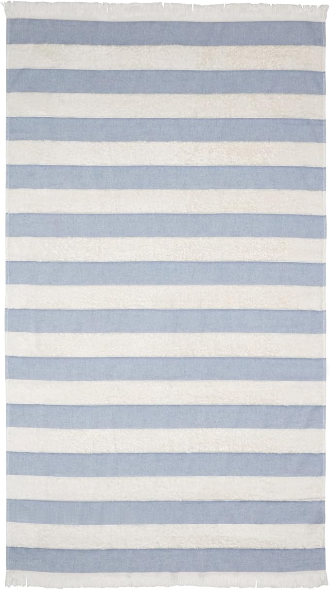 Lightweight Turkish Beach Towel - 100% BCI Cotton, Unbleached Raw Fringe, Oeko-TEX Certified, Absorbent, Eco-Friendly, 36x66”, Sky Blue & Natural Stripes, Portable Sarong Blanket for Pool, Travel