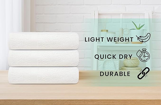 ZUPERIA White Bath Towels Bulk 12 Pack (24 x 48 Inches) - 100% Cotton Economy Light Weight Towels for Commercial Use - Quick Dry, Ultra-Soft, and Absorbent Bulk Towels