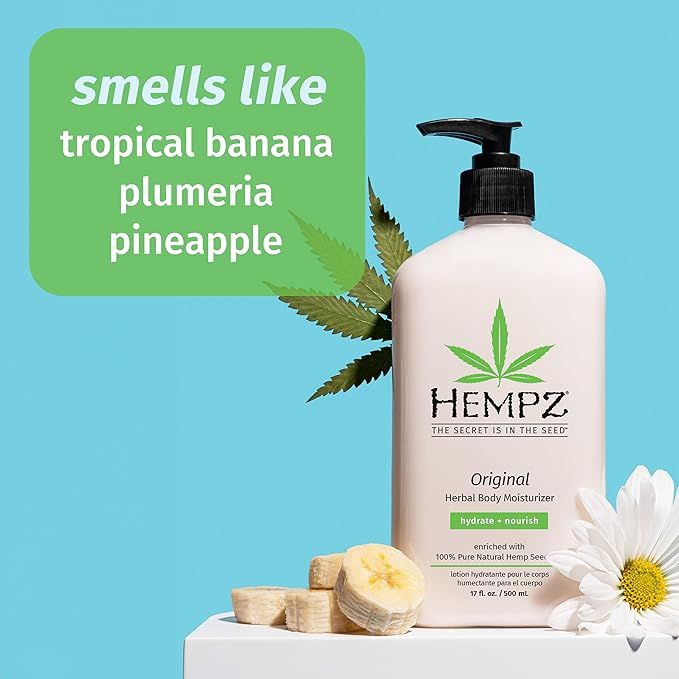 Hempz Original, Natural Hemp Seed Oil Body Moisturizer with Shea Butter & Ginseng, Pure Herbal Skin Lotion for Dryness, Nourishing Vegan Cream, Floral and Banana, 17 Fl Oz, (Pack of 4)