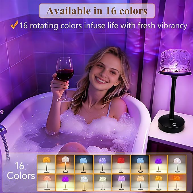 Waterproof Bathroom Lamp with 16 Color Ocean Wave Projector, Rechargeable Shower Light with Touch & Remote Control, Cordless Light for Inside Shower/Bathtub (Black)