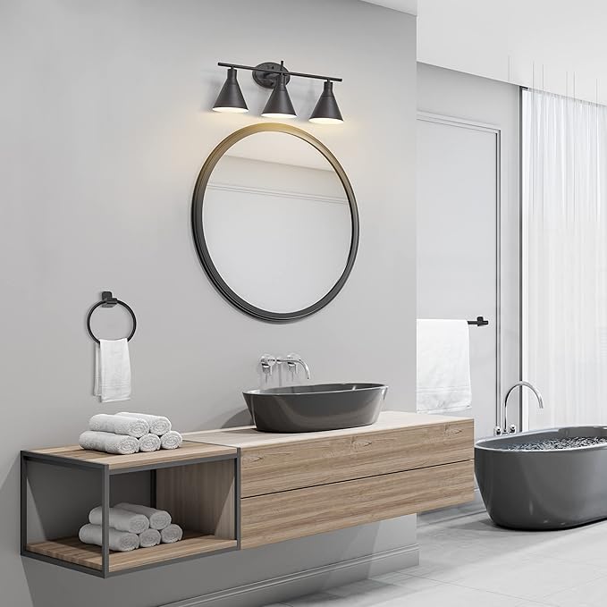 Globe Electric 52060 Tristan 5-Piece All-In-One Bathroom Set, Matte Black, 3-Light Vanity Light, Towel Bar, Toilet Paper Holder, Towel Ring, Robe Hook