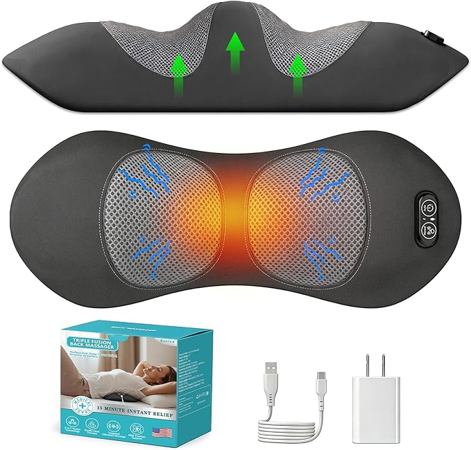 Triple Fusion Back Massager with Heat, Vibration and Smart Lift Support, Triple Fusion Massager with Ergonomic Memory Foam, Black