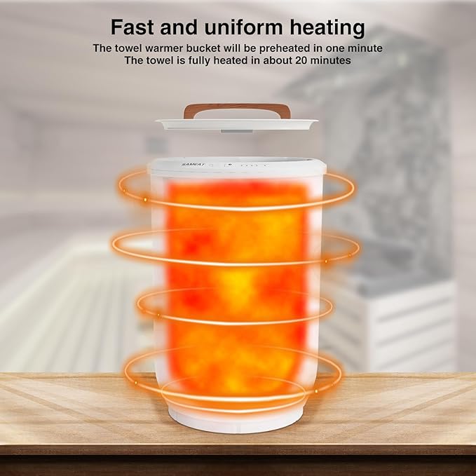 SAMEAT Heated Towel Warmers for Bathroom - Large Towel Warmer Bucket, Wood Handle, Auto Shut Off, Fits Up to Two 40"X70" Oversized Towels, White