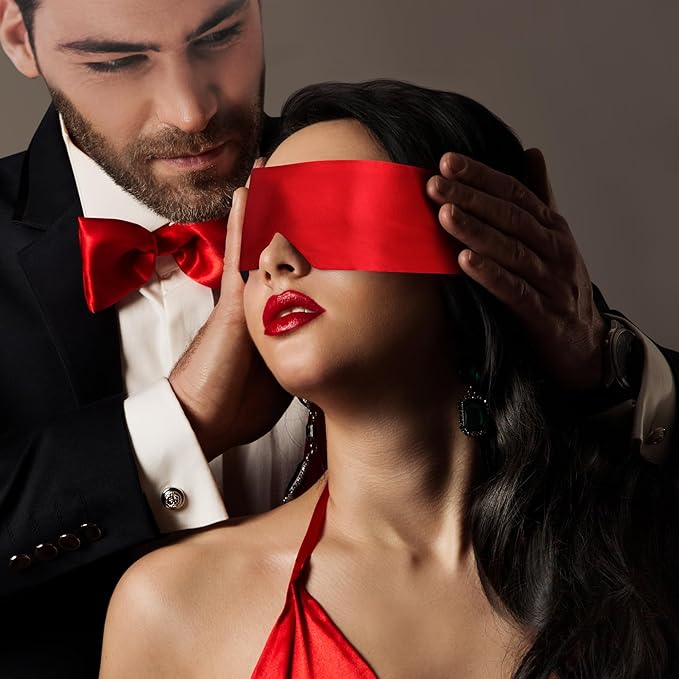 FRESHME Satin Eye Mask Sleeping - Adjustable Eye Shade Soft and Comfortable Satin Eye Blinder Cover for Women Men Night Travel Nap Meditation Valentine's Day Gift 160cm/63in Black and Red