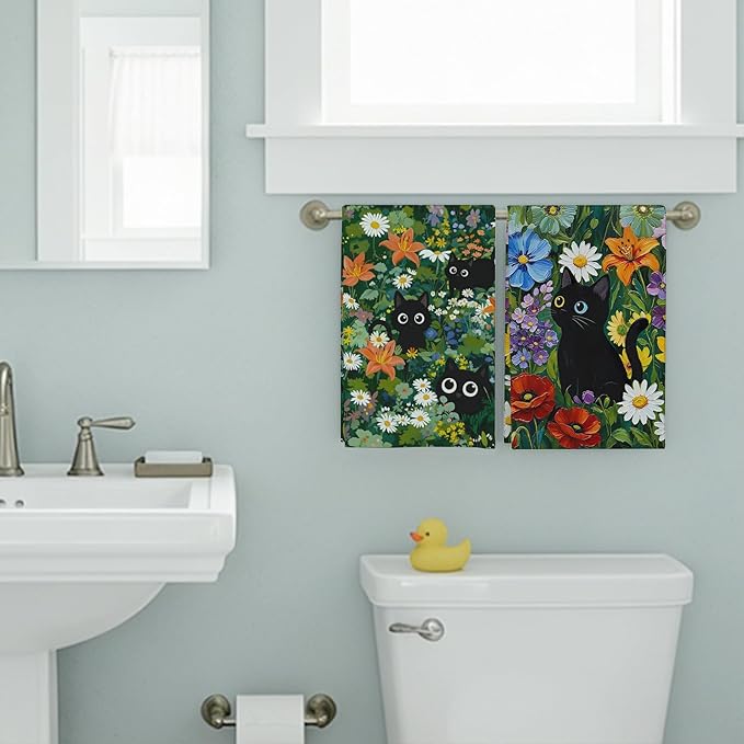 Accnicc 2 Pack Black Cat Bathroom Hand Towels Decorative Green Plant Daisy Floral Dish Kitchen Towel 16x27 Inch Cute Botanical Absorbent Soft Microfiber Bath Towels Hotel Spa