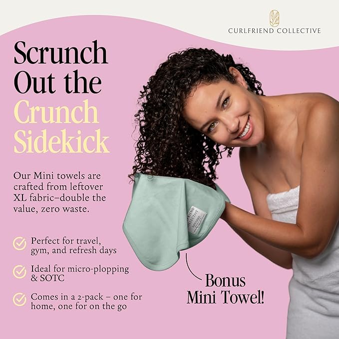 Curlfriend Collective Cotton Cloud T-Shirt Hair Towel Duo – Sage The Day Hair Towel Wrap for Women, XL + Mini Hair Drying Towels for Curly Hair, No-Slip Plopping Towel, Ultra Absorbent Cotton