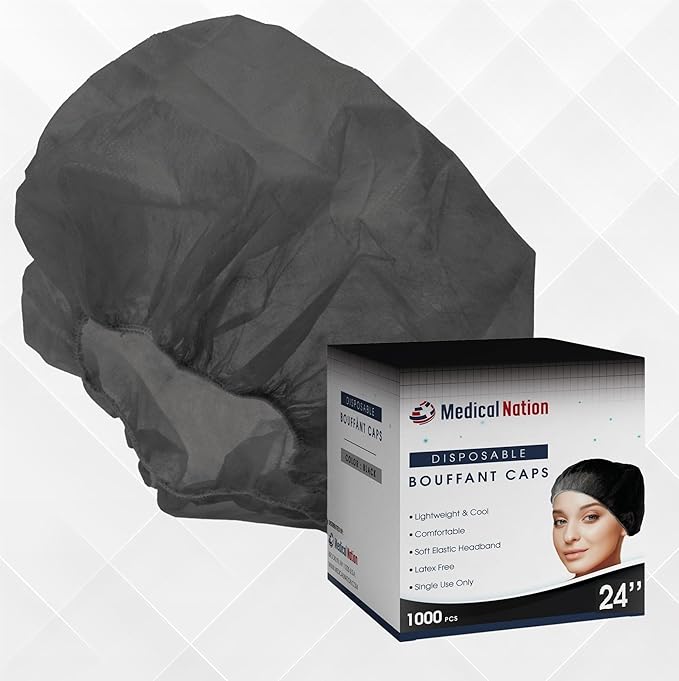 Medical Nation 24" Hair Net Disposable Bouffant Caps |CASE OF 1000, BLACK| Hairnets, Non-Woven, Non-Pleated Hair Cover |for Medical, Lab, Nurse, Tattoo, Food Service, Hospital, Cooking- Size 24" Black