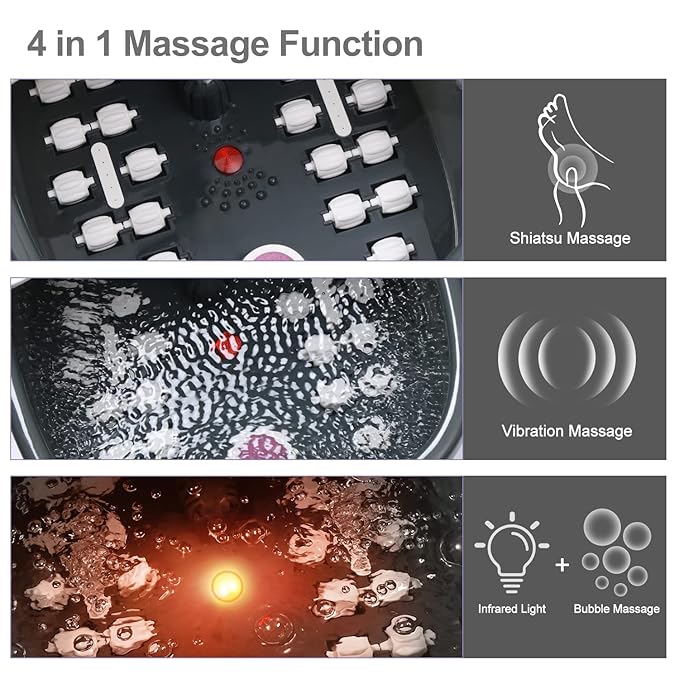 Foot Spa Bath Massager with Heat Bubbles and Vibration Massage and Jets, 16 OZ Calming Lavender Foot Soak Epsom Salt, Miwhale Foot Soaker with Red Light, 22 Massage Rollers, Adjustable Temp - Grey