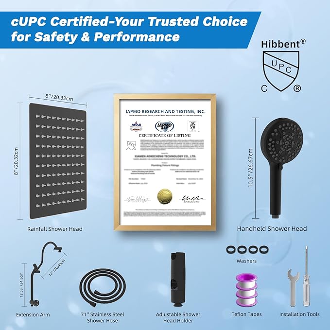 Hibbent cUPC Certified All Metal 8" Rainfall Showerhead Combo, High Pressure Shower Head with 10-Spray Handheld, Innovative 4-way Diverter with Pause Mode, 71'' Shower Hose & Holder, Oil Rubbed Bronze