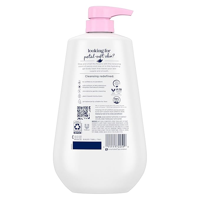 Dove Body Wash with Pump Renew Peony & Rose Oil For 24hr Lotion-Soft Skin Moisturizing Skin Cleanser with No Sulfates No Parabens 30.6 Oz (Pack of 3)