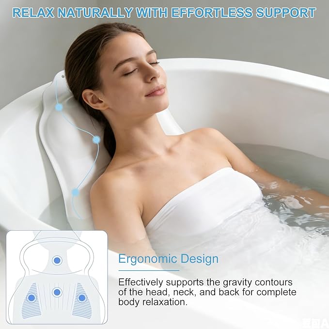Soft Silicone Bath Pillow, Adjustable Airbag Ergonomic Neck Support Design, 34 Strong Suction Cups, Fits Most Bathtubs, Easy to Clean and Quick-Dry, Relaxing Spa Gift for Mom, Wife, and Girlfriend