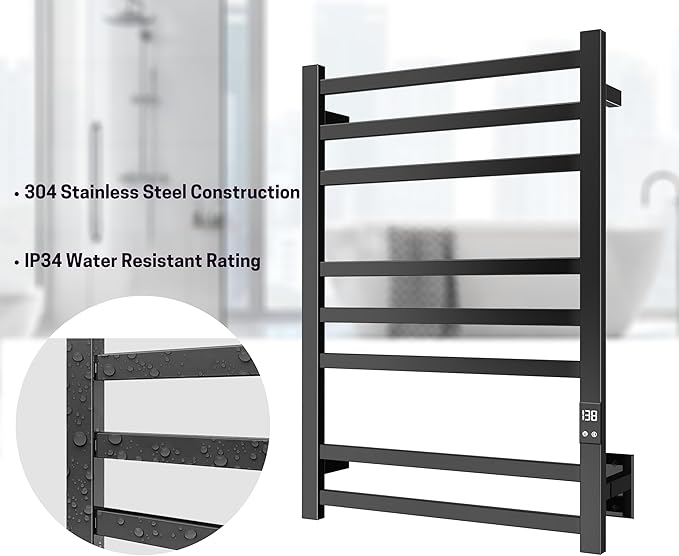 8-Bar Electric Heated Towel Warmer, Fast Heating with Auto Shut-Off Timer, Matte Black Finish, Wall-Mounted Spa Towel Heater, Hardwired or Plug-in Options
