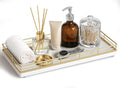 Bathroom Vanity Tray for Countertop, 12" x 6" Oak Wood Toilet Tank Tray with Metal Guardrail, Bathroom Organizer for Soap, Perfume & Skincare, Non-Slip Decorative Tray for Dresser, Gold & White