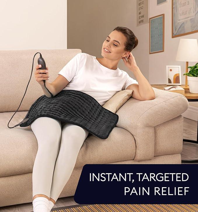 GENIANI Electric Heating Pad for Back Pain & Cramps Relief, Electric Throw, Auto Shut Off, Machine Washable, Double Sided Heating Pad for Neck & Shoulder (12×24", Charcoal Black)