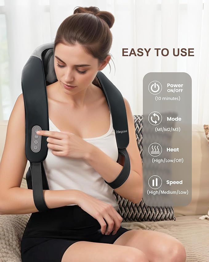 Heycool Cordless Neck Massager with Heat, Shiatsu Neck Shoulder Massager for Pain Relief Deep Tissue, 2 Heating Areas, 3 Modes Kneading Back Massager Presents/Gifts for Women, Men