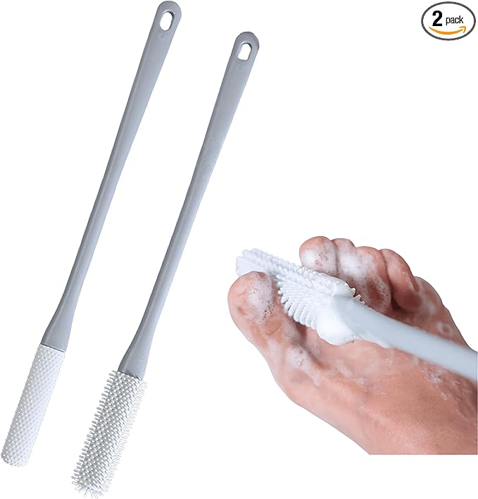 Toe Cleaning Brush with 15.7" Long Handle,Foot Scrubber in Shower,No Bending, Ideal for Seniors, Expecting Mothers, Men & Women | Foot Scrubber & Anti-Itch Exfoliating Brush (2 Pack) (Grey)