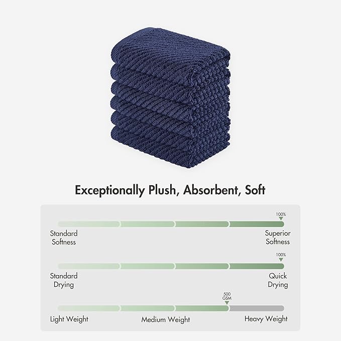 Madison Park 6-Piece Towel Washcloths Set for Bathroom 13" x 13" Diagonal Ribbed, Navy - 100% Cotton Soft Quick Dry & Absorbent Gift | Zero Twist, 500 GSM, Oeko-TEX, Hotel Quality