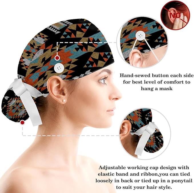 Ethnic Aztec Pattern Adjustable Scrub Cap Hat with Button, Working Hat Sweatband with Bow Hair Scrunchy for Woman
