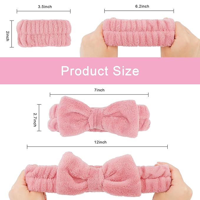 CIEHER 12 PCS Makeup Headband for Women Wrist Washband Scrunchies Cuffs for Washing Face, Soft Bow Hair Band Matching Wristbands, Rose Pink, Light Pink, Khaki Brown, White