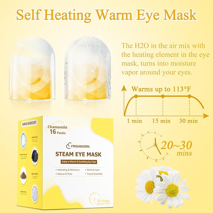 16Packs Steam Eye Mask, Heated Eye Mask for Sleeping, Warm Compress for Eyes, Self Heating Disposal Steam Mask for Home Sleep, Office, Spa, Travel Essentials Mothers Day Gifts (Chamomile)