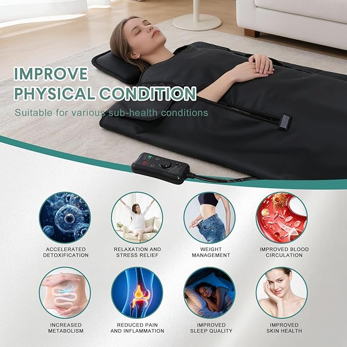 Infrared Sauna Blanket –Low EMF Safe with Support Pillow,Size 6 ft x 2.6 ft,Durable PU Leather Cover Detox & Relaxation at Home Adjustable Timer,5 Pcs Detox Bags,Gifts for Family