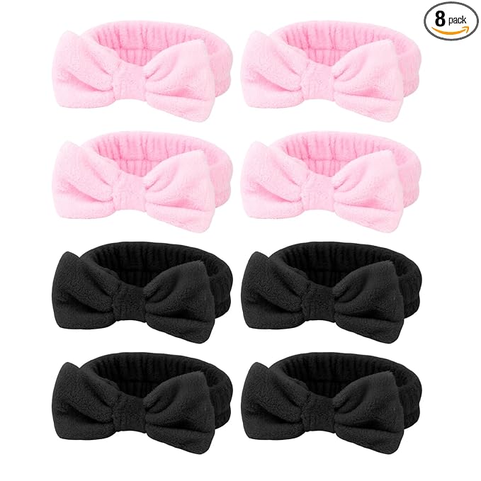 8 Pack Spa Headband for Washing Face,Pink Black Skincare Headband Set for Women Girls Cute Bow Headbands for Makeup Skin Care Head bands Slumber Party Supplies