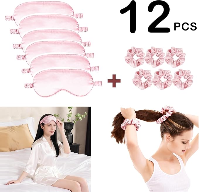 12Pcs Silk Sleep Masks Satin Eye Mask Silky Eyes Cover Blindfold Eyeshade Hair Ties Scrunchy Travel Bridesmaids Gifts