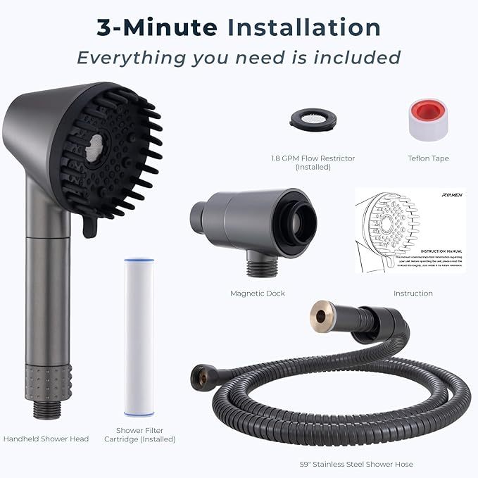 Ryamen 2026 Magnetic Filtered Shower Head with Handheld– High Pressure Showerhead with Power Wash Mode, Chlorine Removal, Massage Brush, Pressure Adjustable, One-Touch Pause (Gray)
