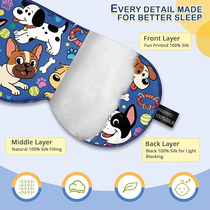 Kids Silk Sleep Mask: 100% Mulberry Silk Eye Mask with Adjustable Strap, Cute Sleeping Blindfold for Boys Girls Teens, Soft & Lightweight Eye Shade for Travel, Nap, Bedtime (Dogs Style)
