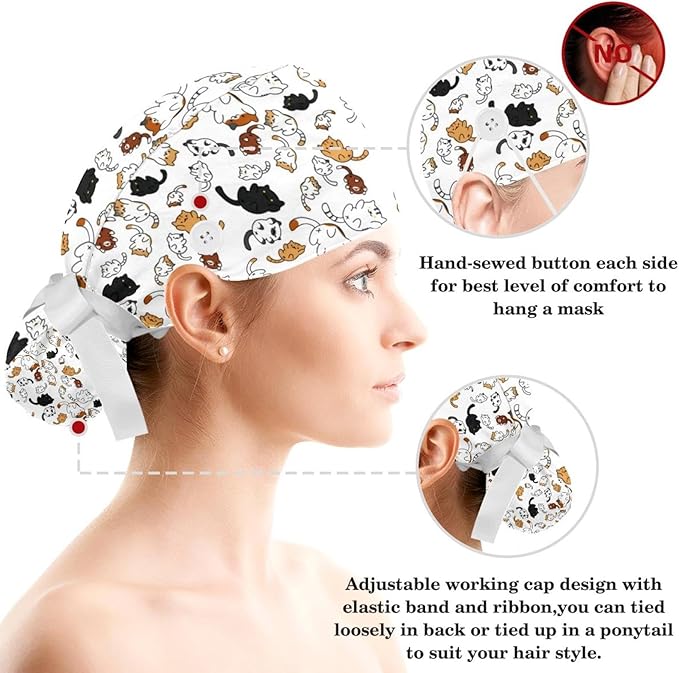 Ethnic Aztec Pattern Adjustable Scrub Cap Hat with Button, Working Hat Sweatband with Bow Hair Scrunchy for Woman