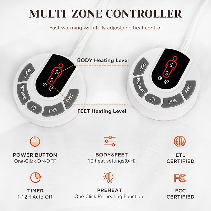GOTCOZY Multi-Zone Heated Mattress Pad King Size - Electric Mattress Pad Fit up to 15" with 10 Heat Setting & 12 Hour Auto Off, Independent Body & Feet Heating, Machine Washable（Bleach）