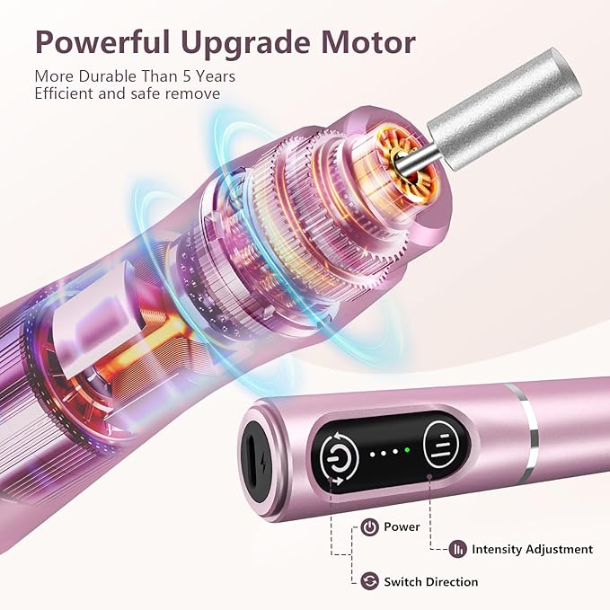 TUOBEO Cordless Nail Drill Electric Rechargeable File Kit, Professional Efile Acrylic Gel Nail Polish Remover Pedicure Manicure Machine Portable Set with 11 Bits 56 Sanding Bands for Salon Home Pink