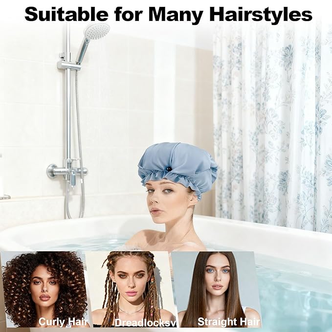 ELEBOX Extra Large Shower Cap for Braids/Curly Hair/Dreadlock | Reusable Waterproof Long Bonnets for Women Bath/Swim/Cooking/Cleaning/Spa | XL Bathing Cap with Adjustable Drawstring & Button, Grey