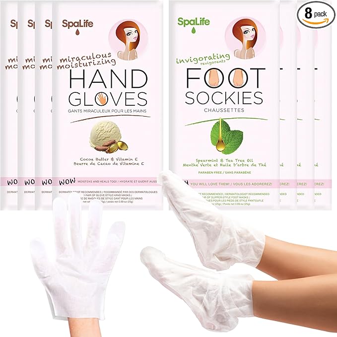 SpaLife Moisturizing Hand Gloves & Foot Mask Socks | Korean Skincare Set Mothers Day Gifts | Dry Cracked Hands & Dry Cracked Feet Callus Remover | Self Care Gifts for Women | 4 Hand, 4 Foot