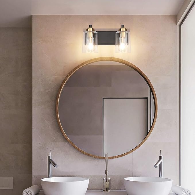 SOLFART 20.1 Inch Black Vintage Bathroom Vanity Light Fixtures Fixtures with Modern Glass Globe Shade Metal Brass Wall Lamp 2 Lights