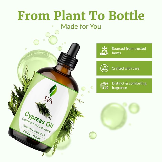 SVA Cypress Essential Oil – 4 Fl Oz – 100% Natural Cypress Oil - for Diffuser, Hair Care, Face, Skin Care, Aromatherapy, Scalp and Body Massage, Soap and Candle Making – with Dropper