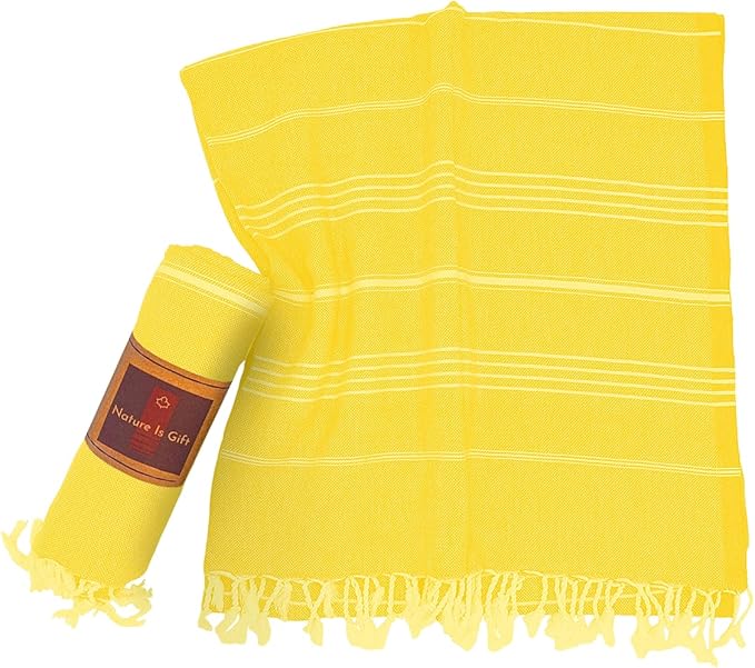 Beach Towel 100% Cotton Turkish Beach Towel Adult 38x70 Inch Pre-washed Absorbent Extra Large|Sand Free Quick Dry BathTowels|Lightweight Blanket|Travel Cruise Camping Spa Gym Sports Towels|Yellow