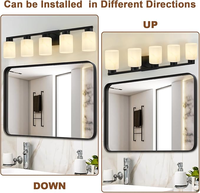 5-Light Bathroom Light Fixtures, Modern Vanity Lights, Black Metal Wall Lamp with White Marble Glass for Bathroom, Mirror, Living Room, Bedroom, Cabinet, Porch, Hallway, E26 Base