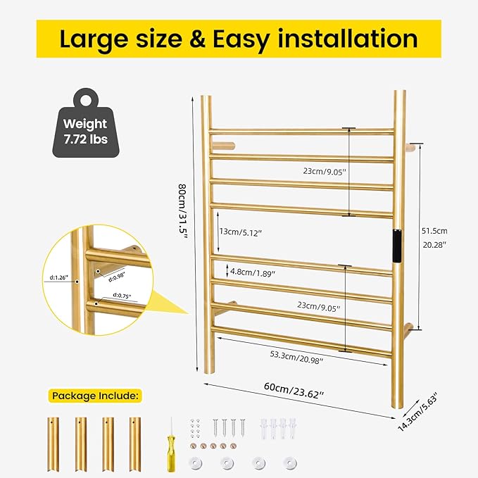 8-Bars Gold Heated Towel Rack–23" Wall Mounted Towel Warmer with Timer & Temperature Control, Stainless Steel