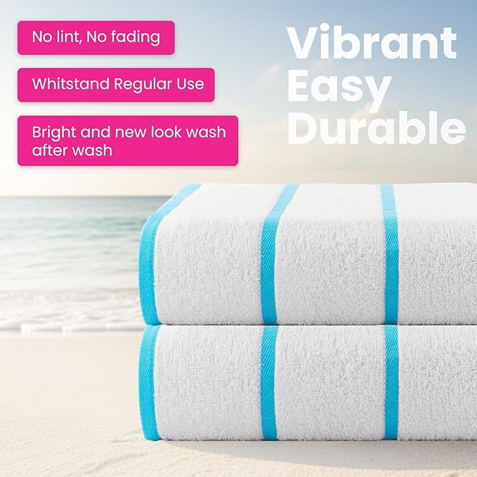 CASA COPENHAGEN Cabana Pool 2Pcs 100% Egyptian Cotton XL Designer Bathsheet Beach Towels Gift Set- White Teal, 500GSM, 35"x70", Bath Sheet Beach Towels (Box Pack, Set for Women & Men)