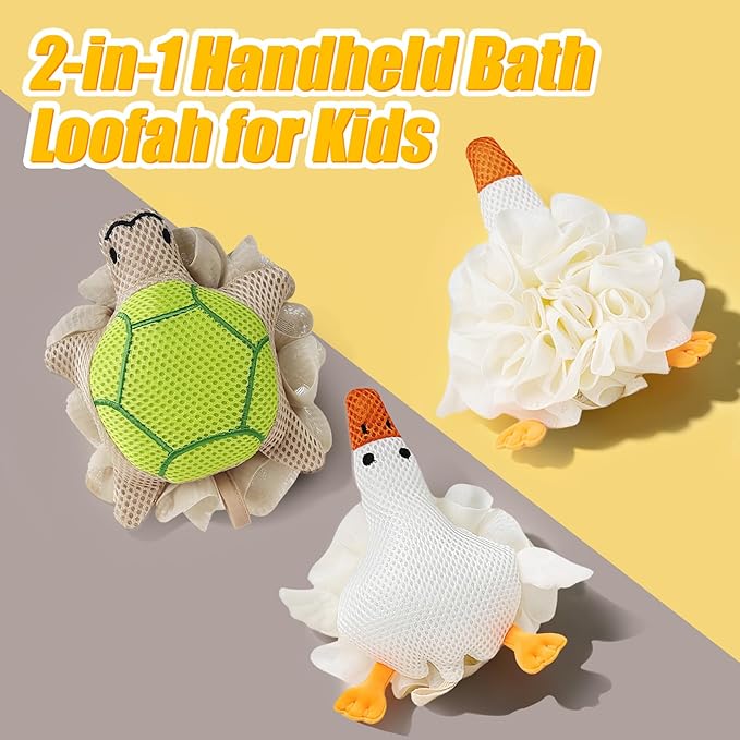 Kids Loofah, Cute Cartoon Animal Kids Bath Sponge with Hanging Rope, Soft Double Mesh for Rich Lather (Big White Goose)