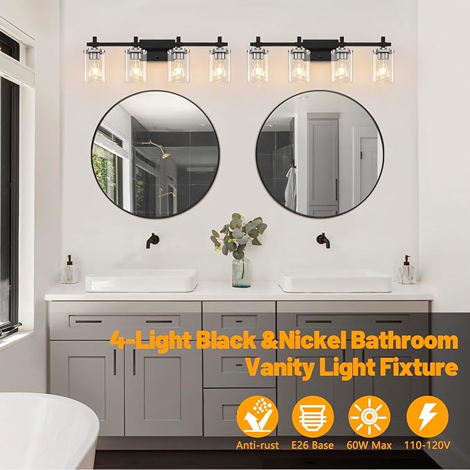 4-Lights Black and Brushed Nickel Vanity Lights with Clear Glass Shade, Bathroom Wall Light Fixtures, 30.3 Inch Large Vanity Lighting Fixture for Bathroom Mirror Living Room ﻿