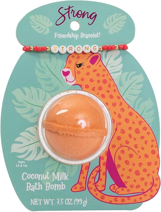 CAIT + CO "Strong Bath Bomb & Friendship Bracelet Gift Set Coconut Milk Scented Orange Bath Fizzle (3.5 oz) with Beaded STRONG Bracelet - Empowering & Relaxing Gift for Teens, Women