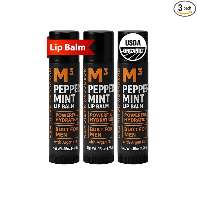 Moroccan Magic Men M3 Organic Peppermint Lip Balm 3 Pack | Ultra-Hydrating & Moisturizing | Natural Mint Lip Repair for Dry Lips | Non-Toxic | Organic Lip Balm for Men
