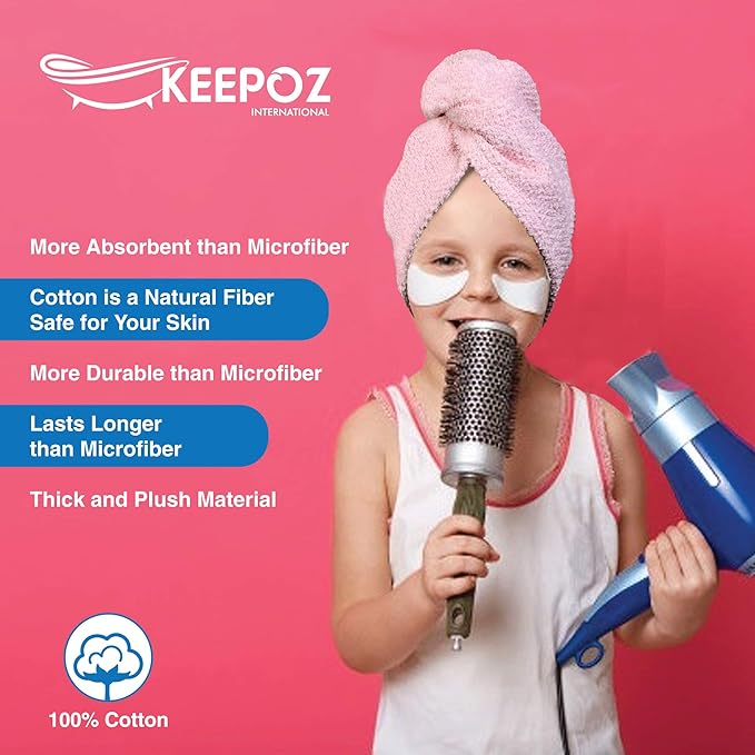 KEEPOZ Hair Towel Wrap Quick Dry 100% Cotton Super Absorbent Turban Head Wrap for Women with Button, Non Microfiber Anti Frizz Products, Hair Cap for Curly, Long (Lilac Pink Check, 2 Pcs)