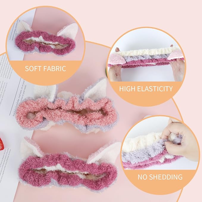 PERFECTSIGHT Kawaii Headband for Spa, Makeup, Washing Face, Party - 2 Pack Cute Hair Band for Shower Beauty Skincare, Soft Facial Headbands for Girls and Women (Contrast Color Ear)