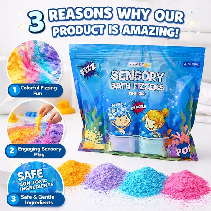 Bubble Bath for Toddlers 1-3 - Colorful Bath Fizzies Powder – 4 Bubble Fizzing Bath Colours - Fun & Educational Bath Gift Set - Crack Sounds & Sensory Fun - Resealable 800g Bag
