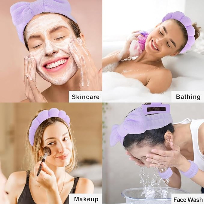 6 Pcs Elastic Microfiber Spa Headband Set for Women - Makeup, Skincare, Face Wash Wristbands, Beauty (Purple)