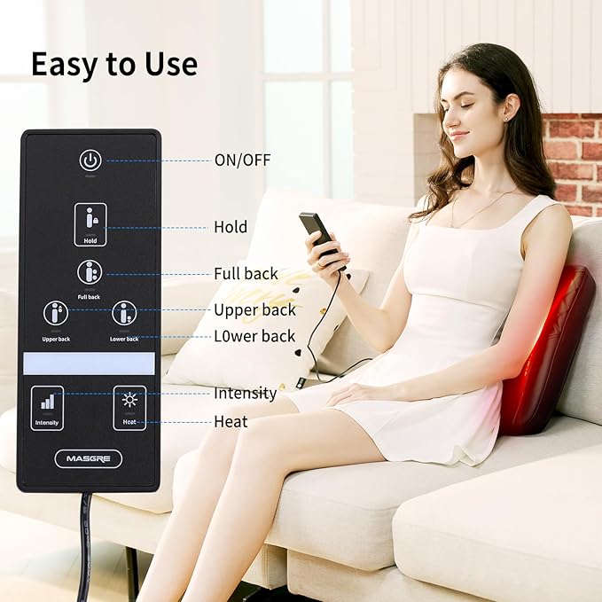 MASGRE Shiatsu Back Massager with Heat, Rolling Up and Down 4D Kneading Massage, Electric Massager for Pain Relief Deep Tissue, Lumbar Lower Back Massager, Gifts for Women Men Mom Dad