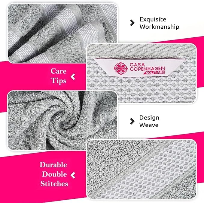 CASA COPENHAGEN Solitaire 4Pcs 100% Egyptian Cotton Large Designer Towels Gift Set- Grey, 600 GSM, 55"x27", 4Bath Towels for Bathroom (Box Pack, Set for Women & Men)